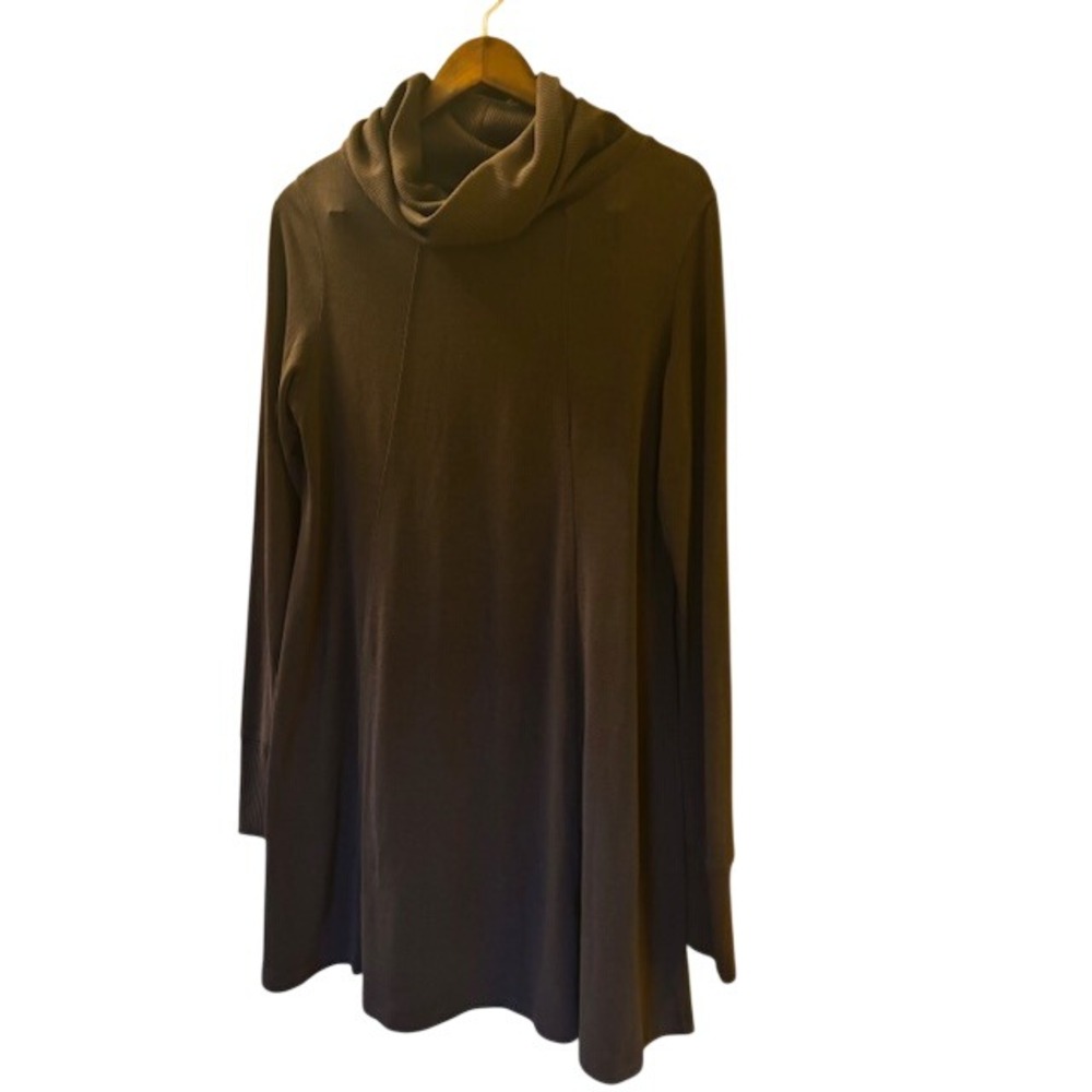 Cabi Turtleneck Long Tunic Sweater Brown Ribbed Cowl Neck Thumbhole Cuffs Large